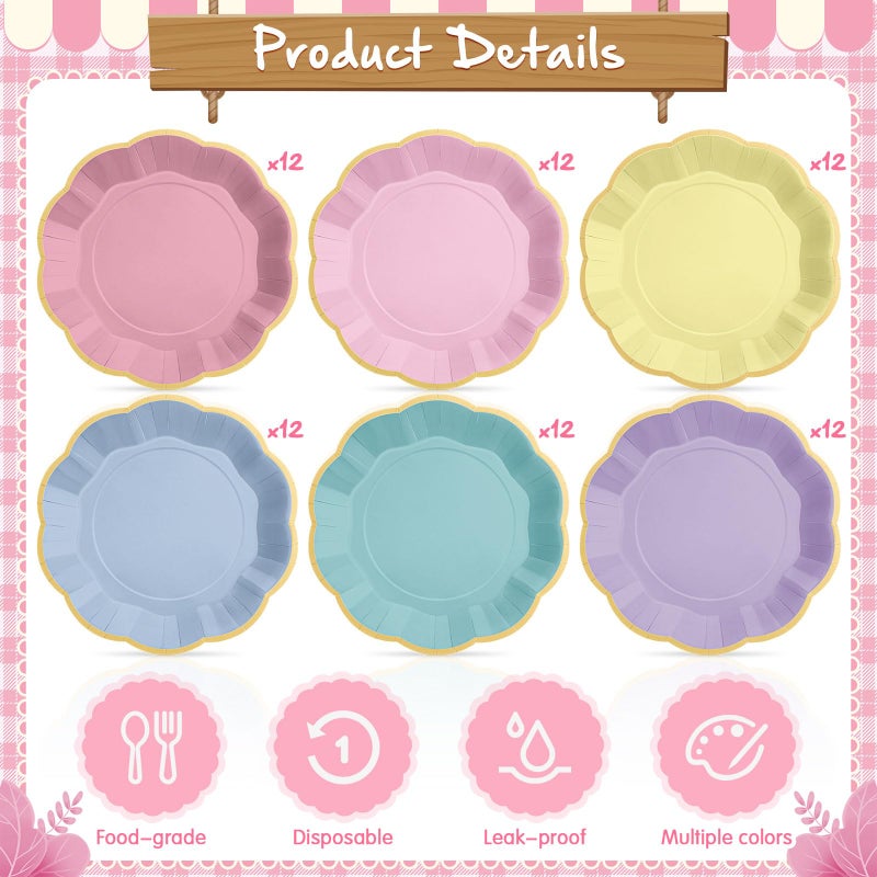 Tiangrid 72 Pcs Pastel Paper Plates 9 Inch Colorful Rainbow Gradient Scalloped Paper Disposable Dinner Dessert Plates for Birthday Wedding Bridal Party Supplies, 6 Colors - Image 3